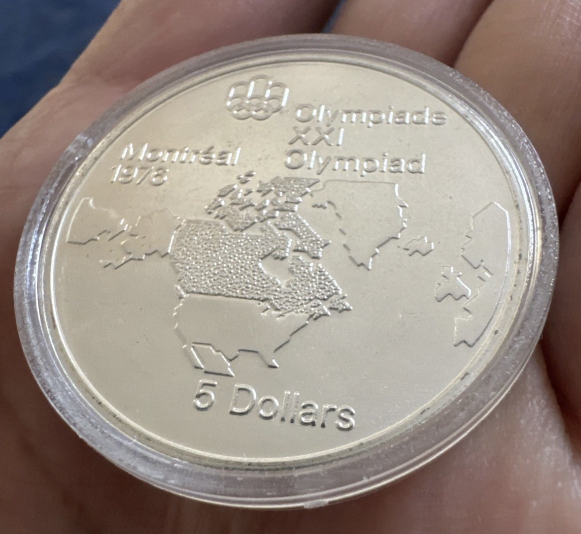 Canada 1973 Map of North America $5 Five Dollars Coin Montreal Olympics 1976