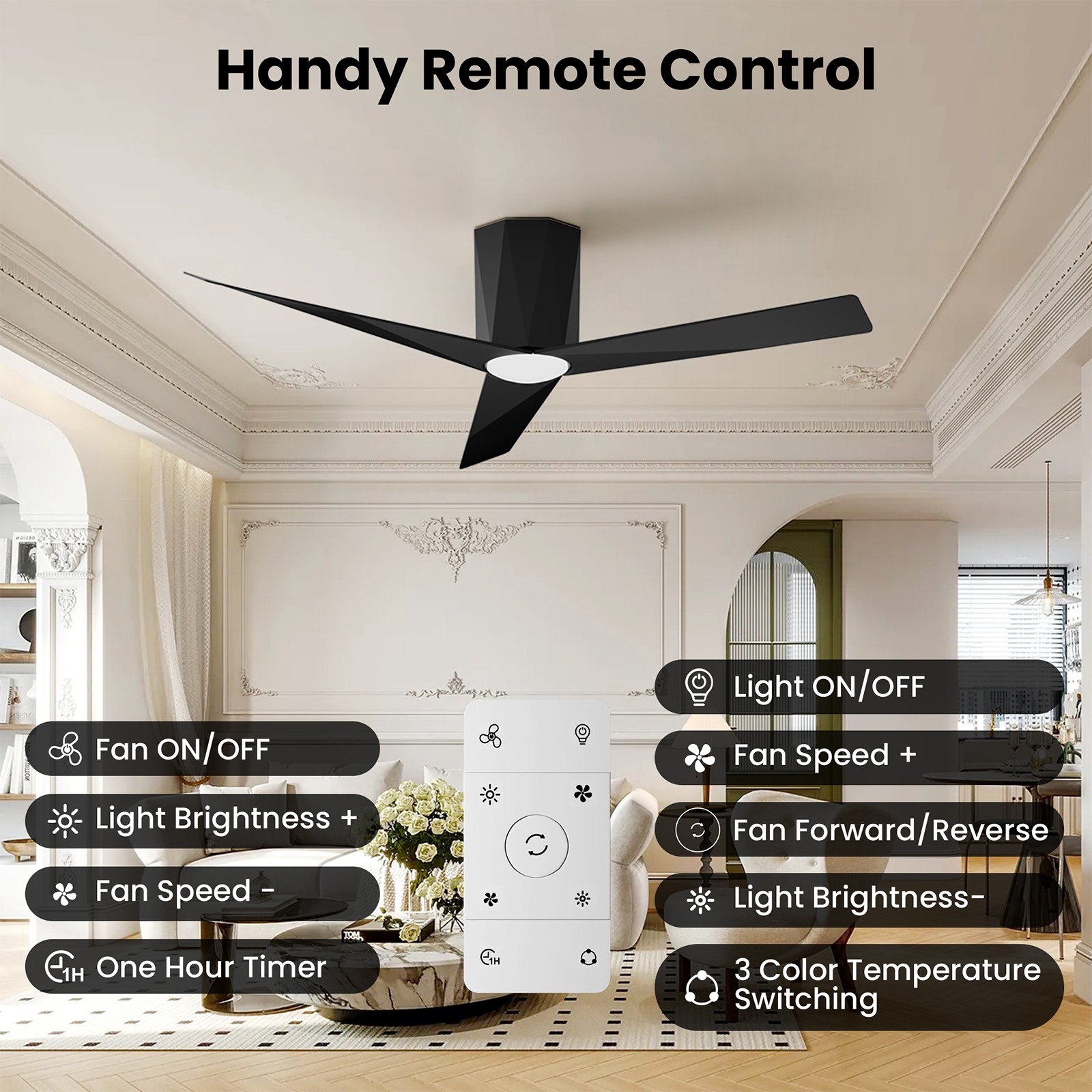 Ceiling Fans with Dimmable Led Lights,52" Flush Mount Ceiling Fan Remote Control