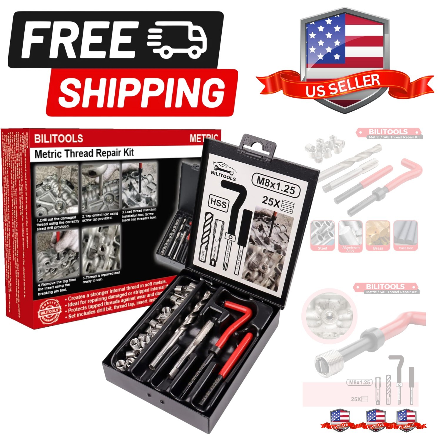 M8x1.25 Thread Repair Kit, HSS Drill Helicoil Repair Kit Metric