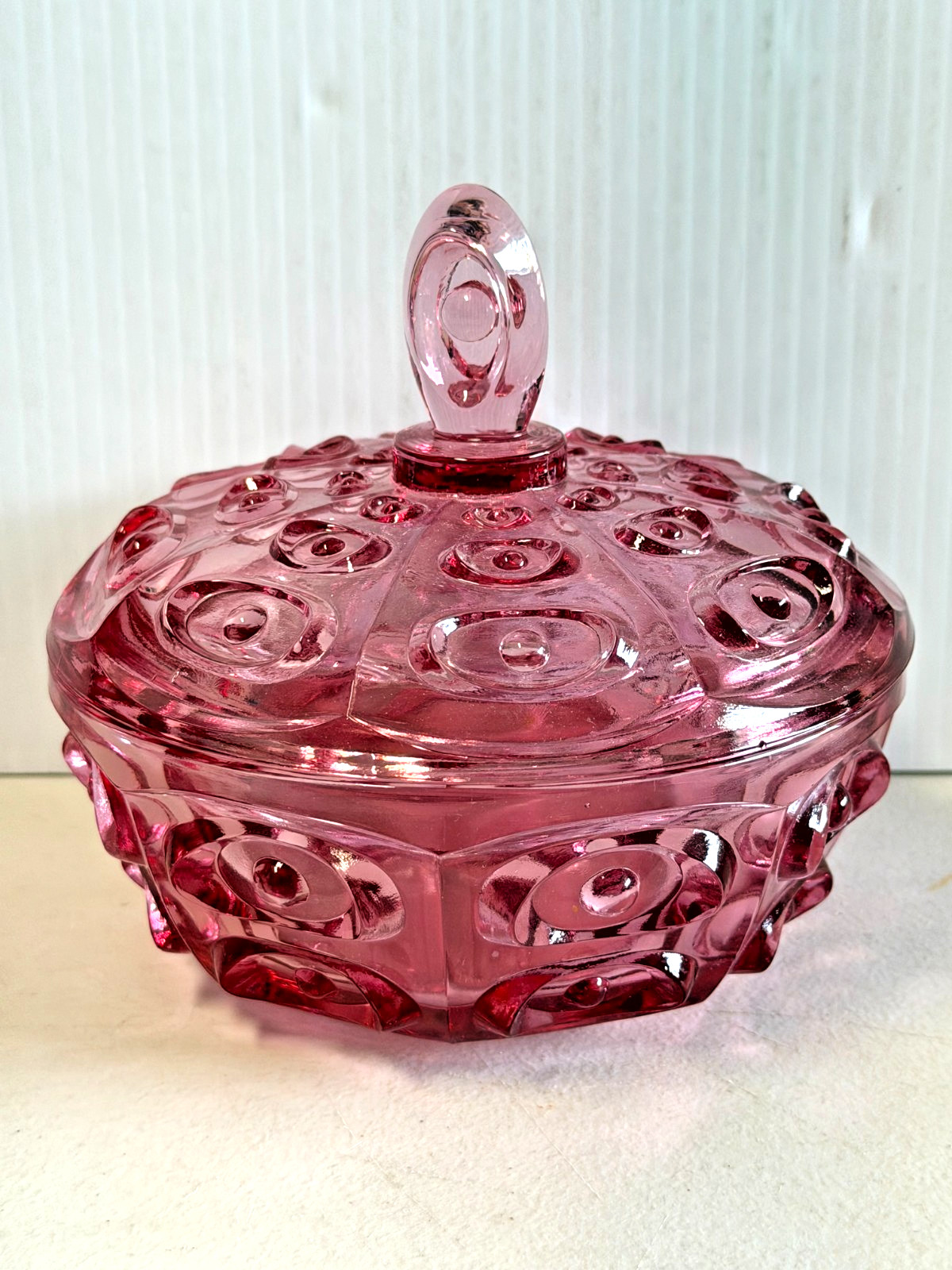 Scarce Viking Glass Thistle Pink Yesteryear Bullseye Covered Candy Dish w/ Chip