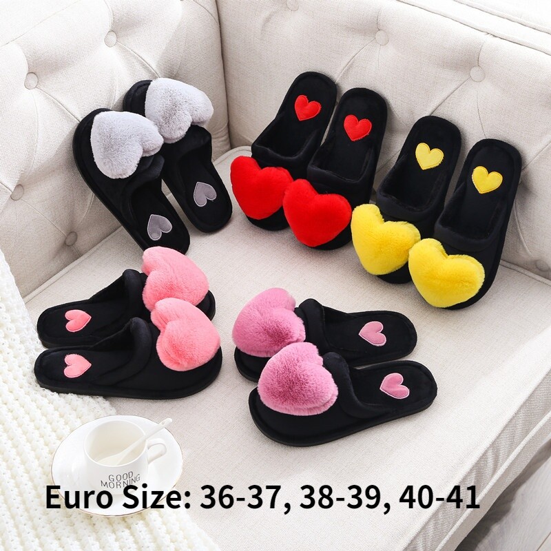 Women Furry Faux Fur Slipper Heart Shaped Lined Flats Shoes Slip on Indoor