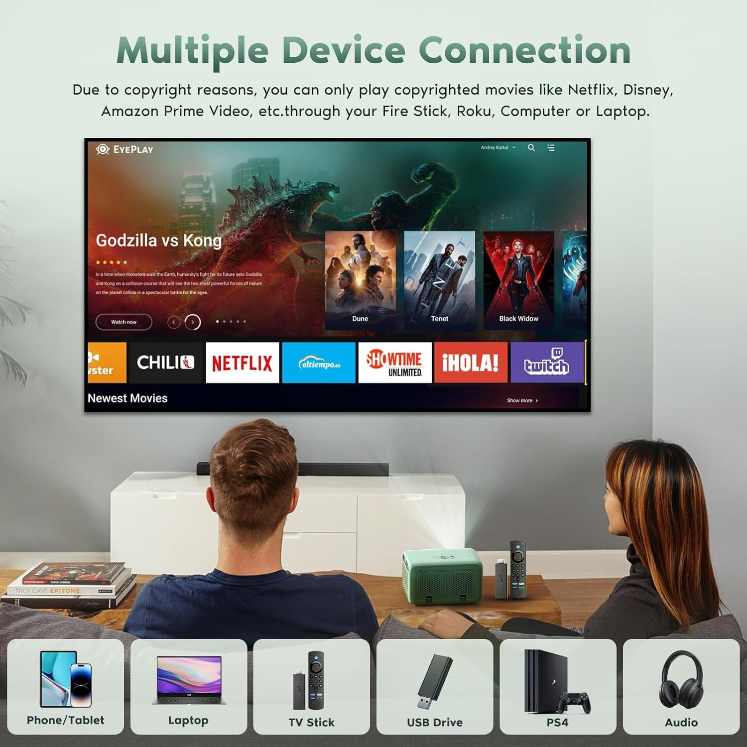 Projector with Wifi and Bluetooth, Native 1080P Portable Mini Projector 4K Suppo