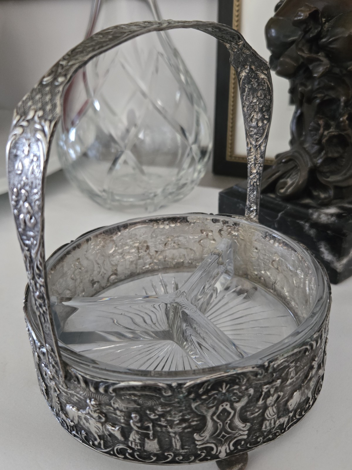 VTG Holland Ware Silverplate Dutch Figural Handled Serving Dish w Glass Insert