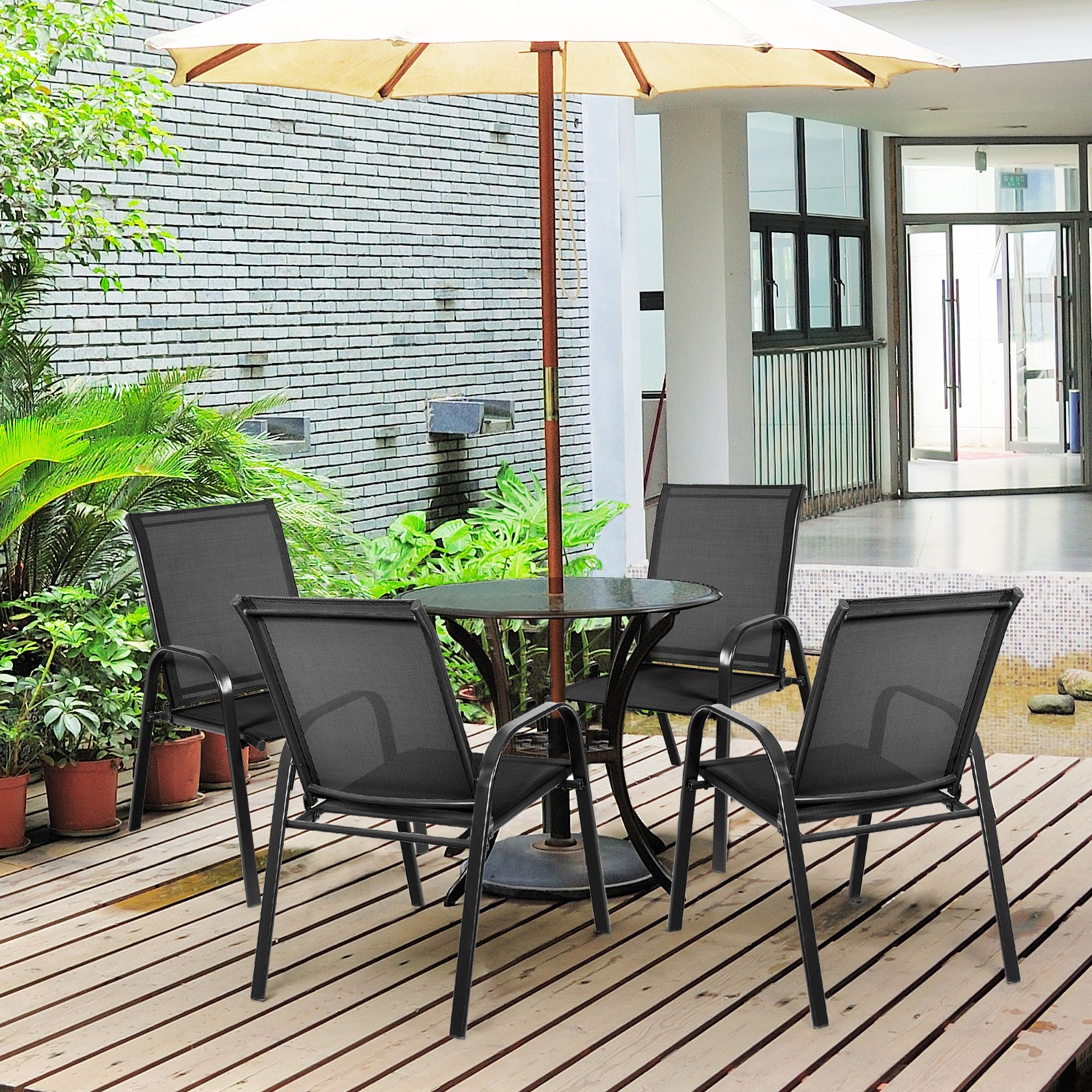 Set of 4 Patio Chairs Dining Chairs w/ Steel Frame Yard Outdoor Black