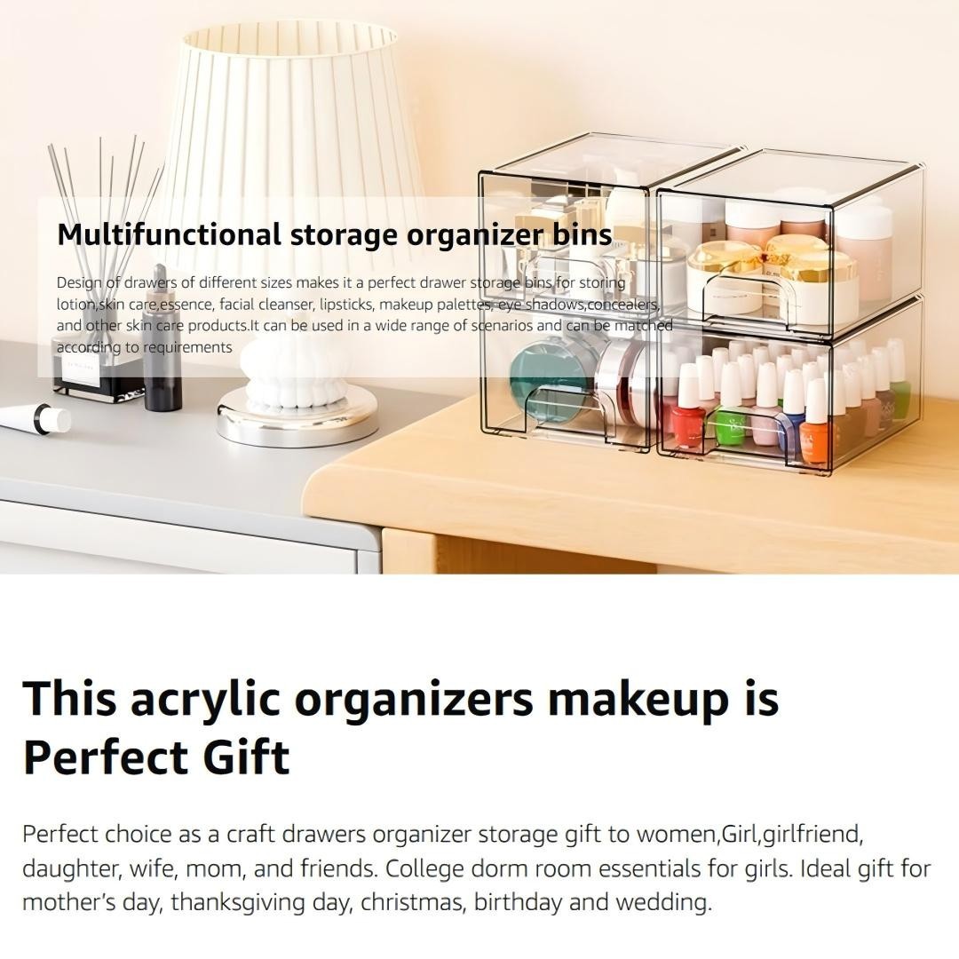4 Pack Acrylic Stackable Drawer Storage Desktop Organizer Bins for Bathroom