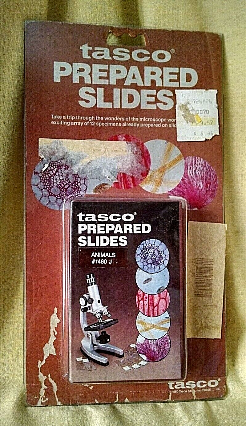 MICROSCOPE SLIDES TASCO LOT 12 ANIMALS #1460J ORIG PKG TAG JAPAN 1980 OPEN BOX.