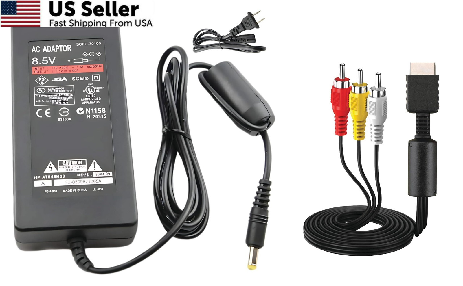 Power Supply AC Charger Adapter Cord and AV Cable for Sony PlayStation Black