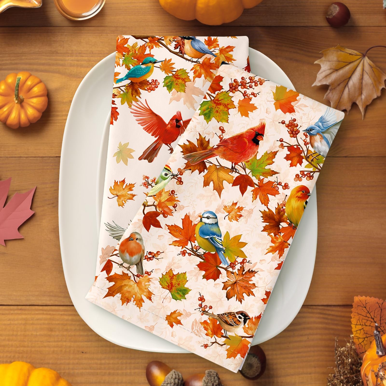 18.9x27.5 Inch Fall Bird Maple Leaf Cotton Kitchen Tea Towel Dish Cloth