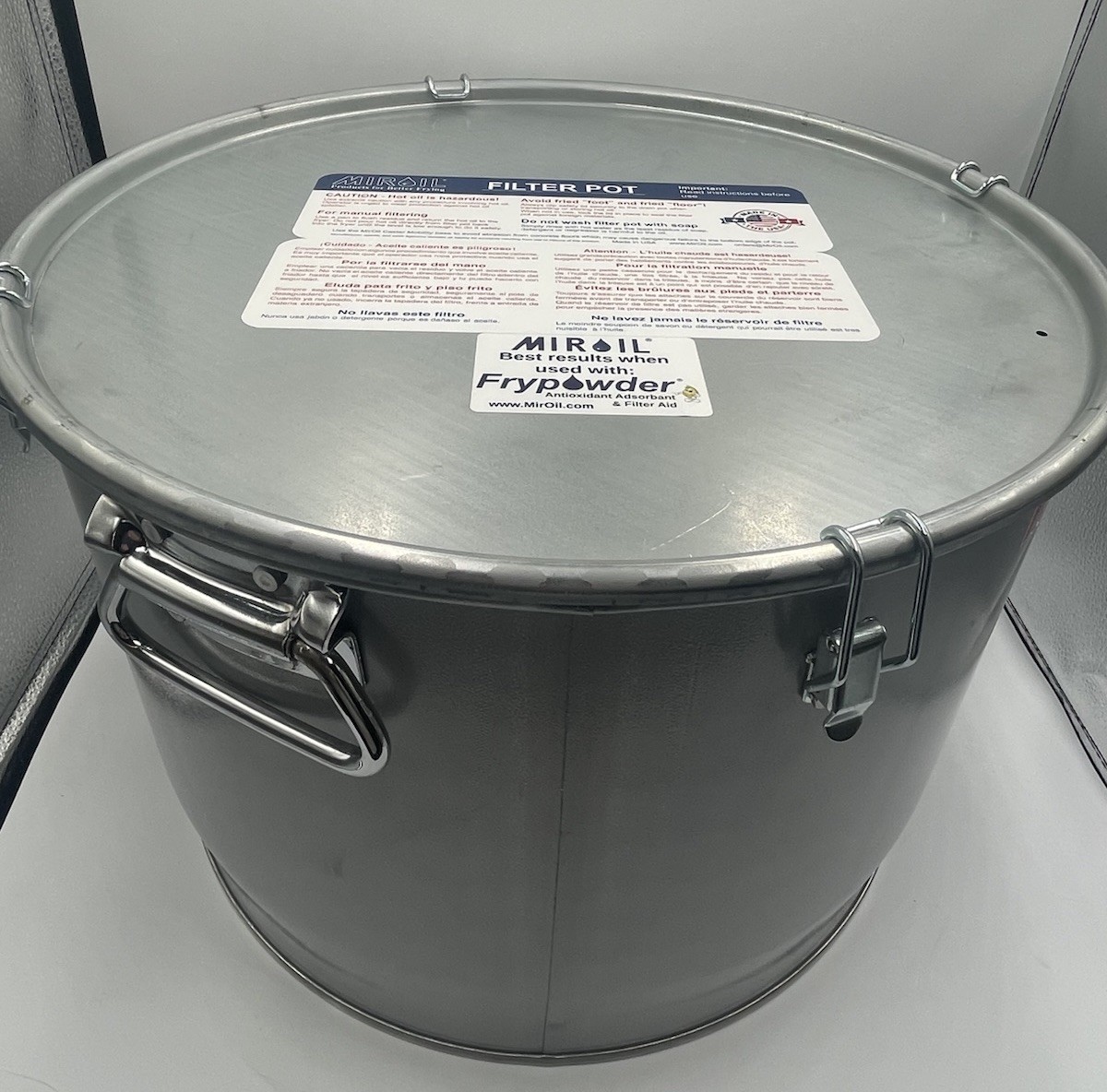 MirOil 16” Restaurant Grease Drain Pot w/ Locking Lid & FryPowder **NEW** No Box