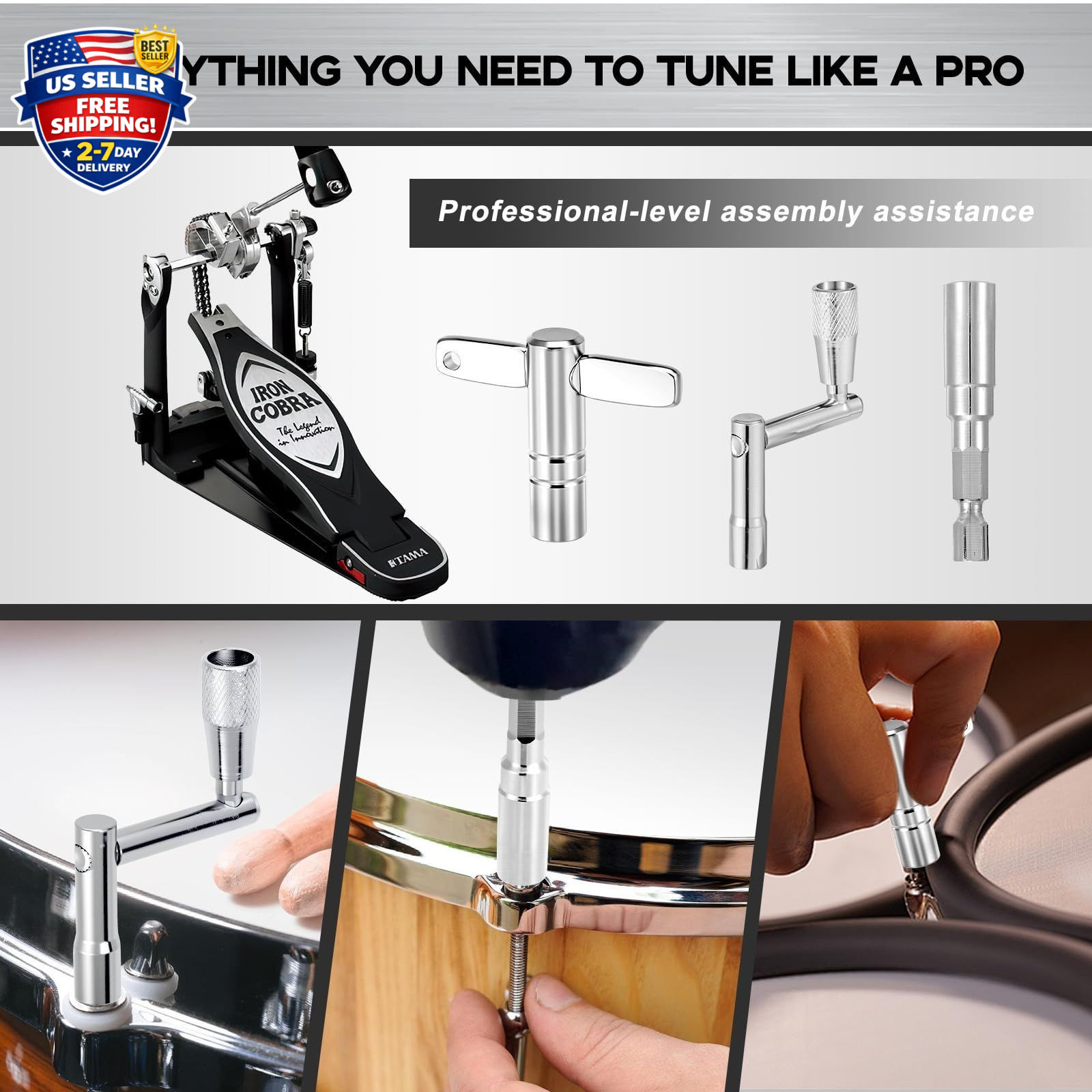 Drum Key Set, 4PCS Drum Tuning Kit with Drill Bit, Speed Drum Key, Standard D...
