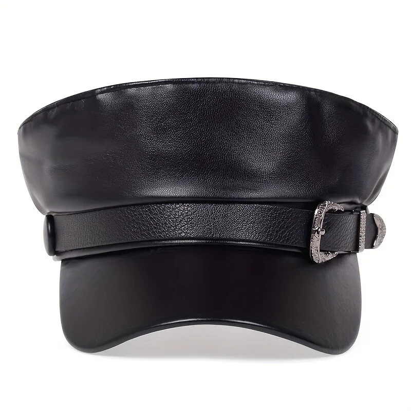 Fashion Women Large Belt Buckle Leather Hat Spring Autumn Sailor Hats Black