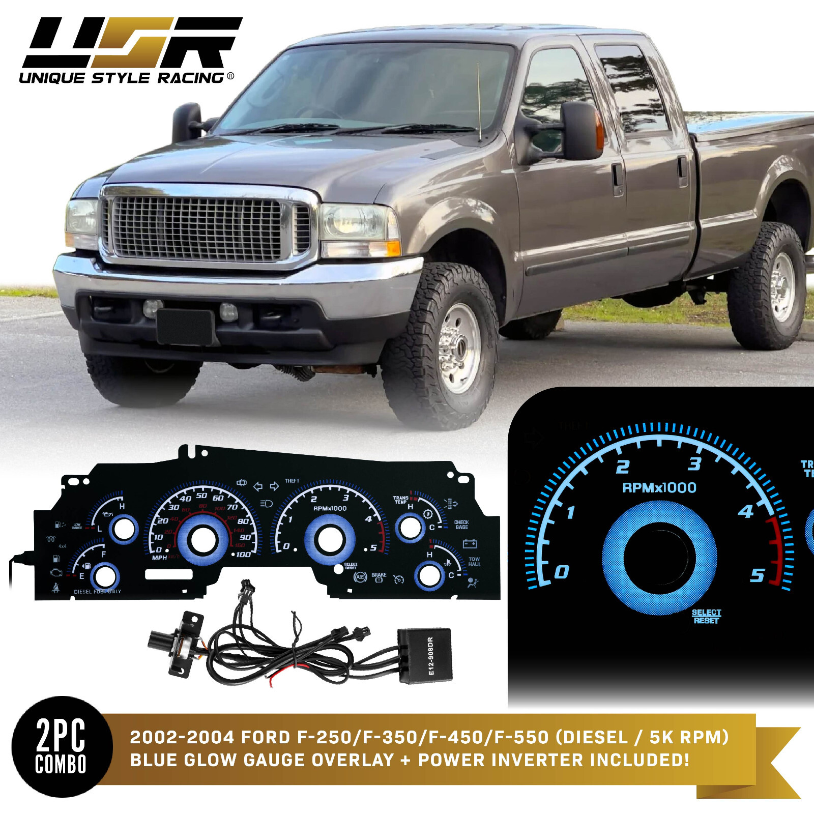 BLU Glow Gauge Overlay For 02-04 Ford F250 Superduty DIESEL Instrument Cluster