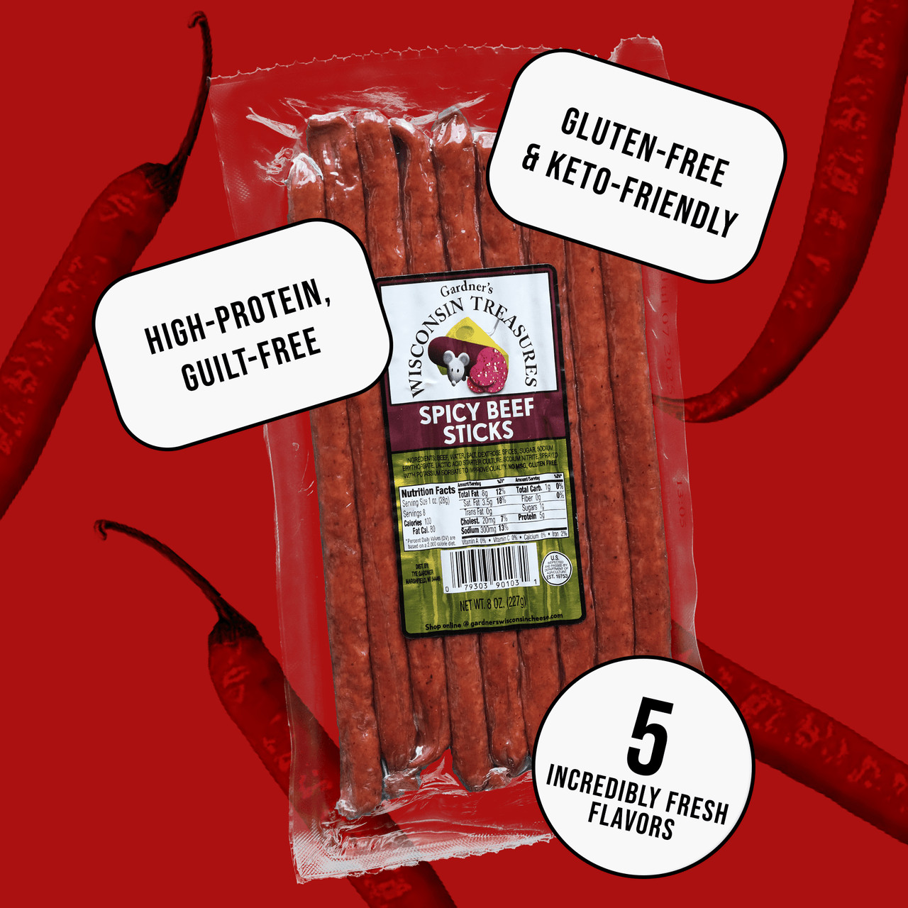 1/2 POUND BIG SPICY All Beef Meat Snack Sticks by Gardner's - One (1) 8 oz. pack