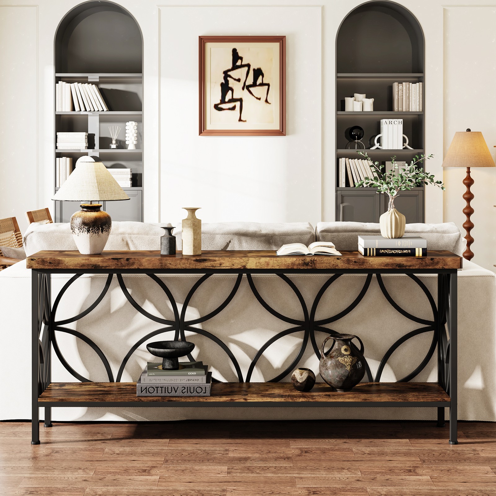 70.9'' Long Console Table, Industrial Narrow Sofa Table Behind Couch w/ Storage