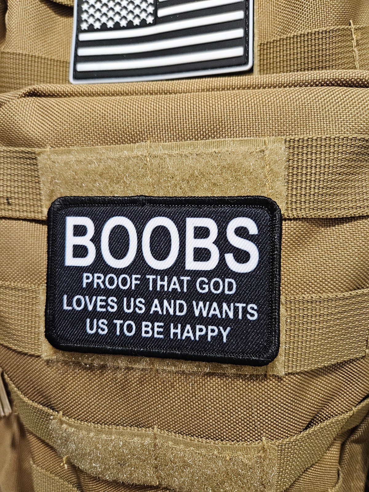 Boobs proof that God loves us and wants us happy meme 2"x3" hook & loop patch