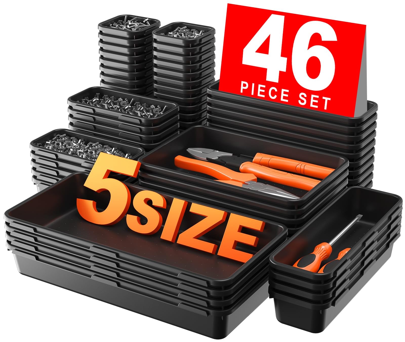 A-LuGei 【𝟰𝟲𝗣𝗖𝗦 & 5 Size】 Tool Box Organizer Tray Divider 5 Size, Black