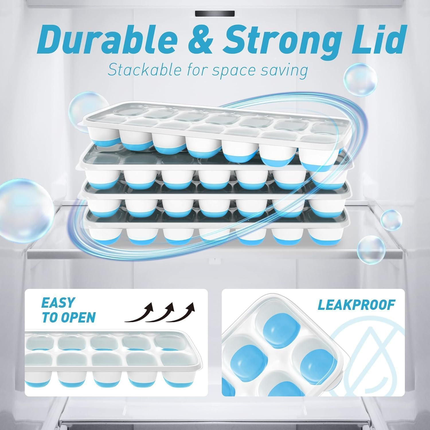 Ice Cube Tray with Lid, 4 Packs 56 Cubes Durable Stackable Ice Cube