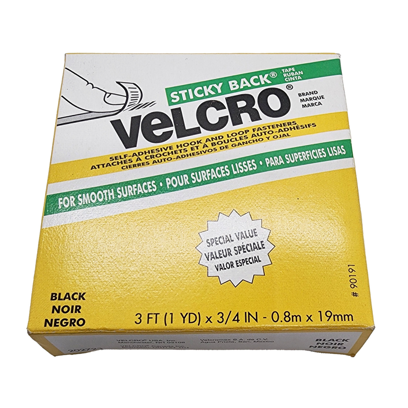 Black Velcro Sticky Back Tape Hook and Loop Fastener 3/4" x 3 ft Roll