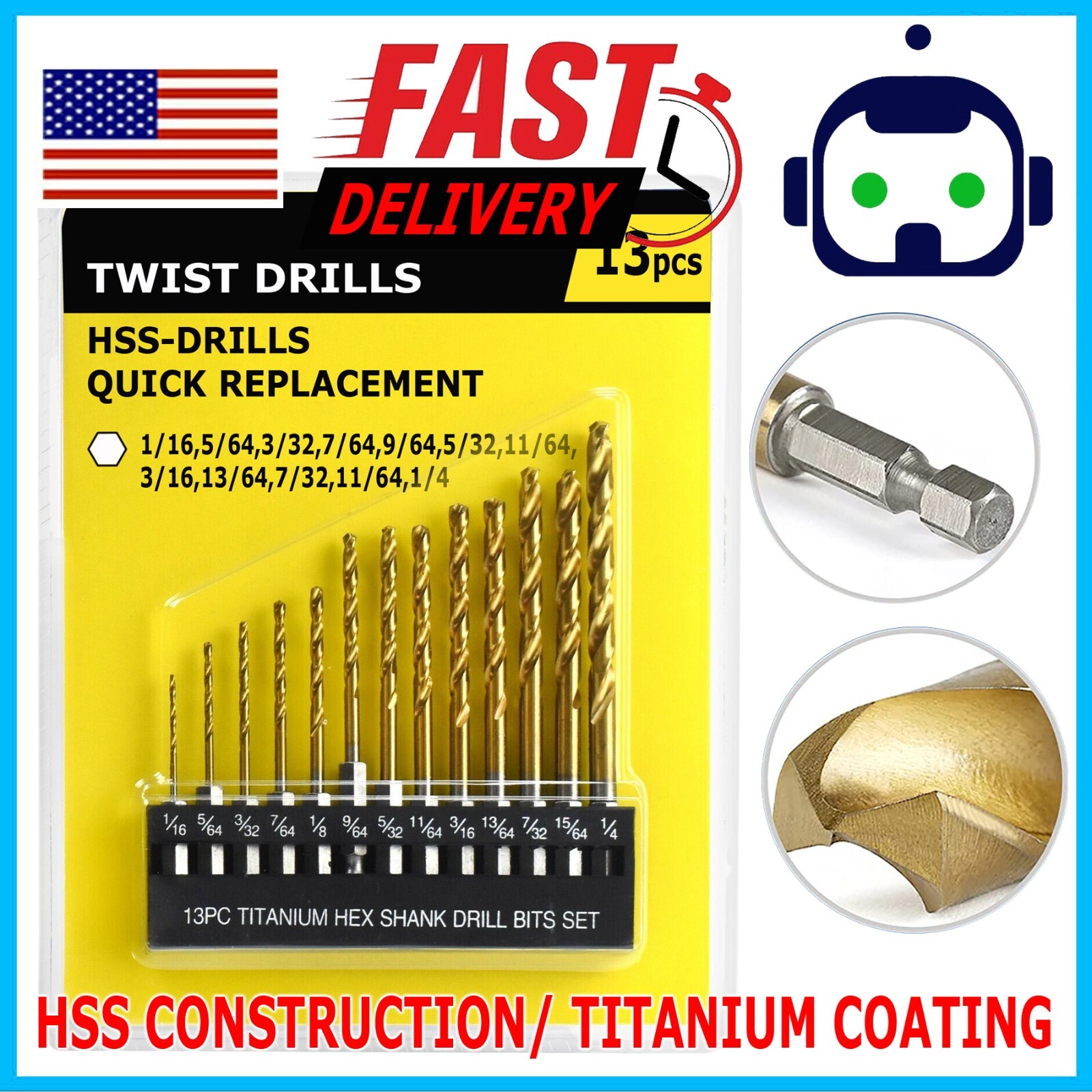 1/16"-1/4" Titanium Hex Shank Drill Bit Set, Cuttex Tools 13 PCS Fully Grounded