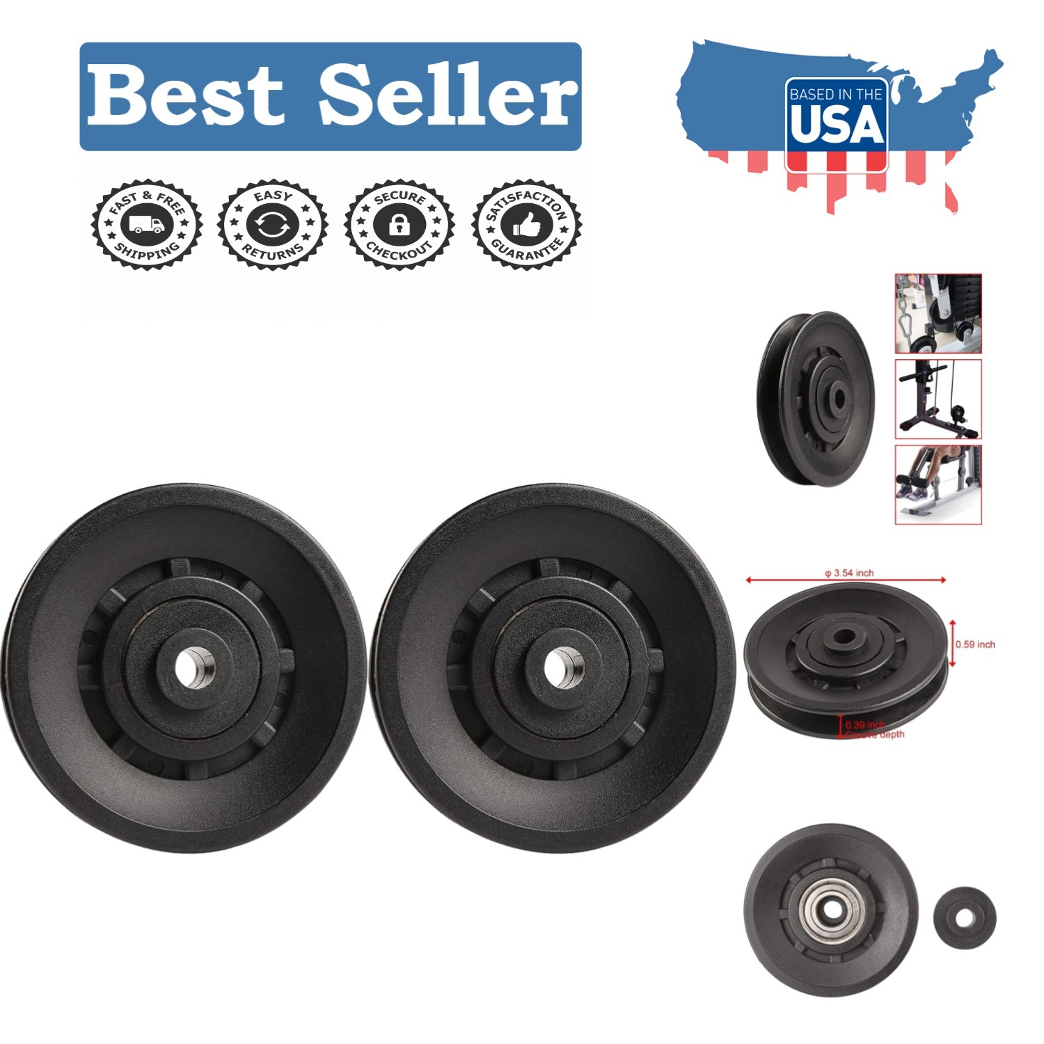 2 PCS 90mm Universal Bearing Pulley Wheels - Perfect for Home Gym or Garage
