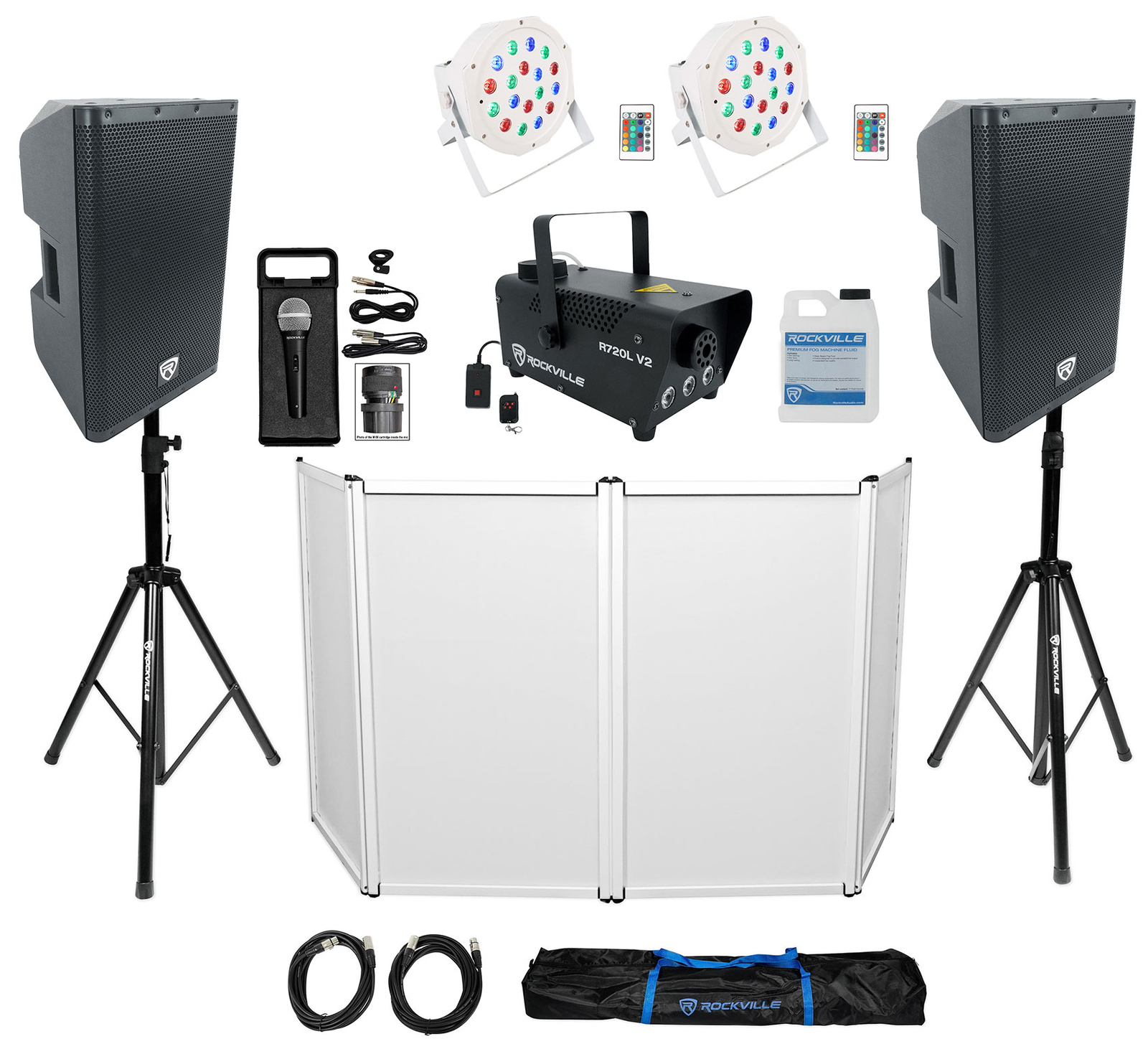 DJ Package w/(2) Rockville DX12 Speakers+Facade+Lights+Fogger+Mic+Stands+Cables