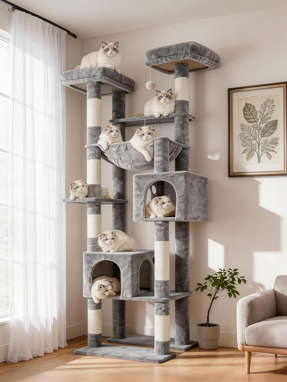 Tall Cat Tree Tower, Heavy Duty Scratching Posts with Large Platforms, Cozy Cond