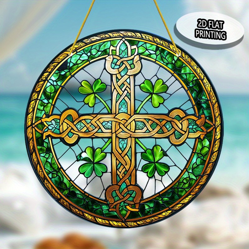 St Patricks Day Celtic Cross Acrylic Suncatcher Shamrock Pattern Round Decor