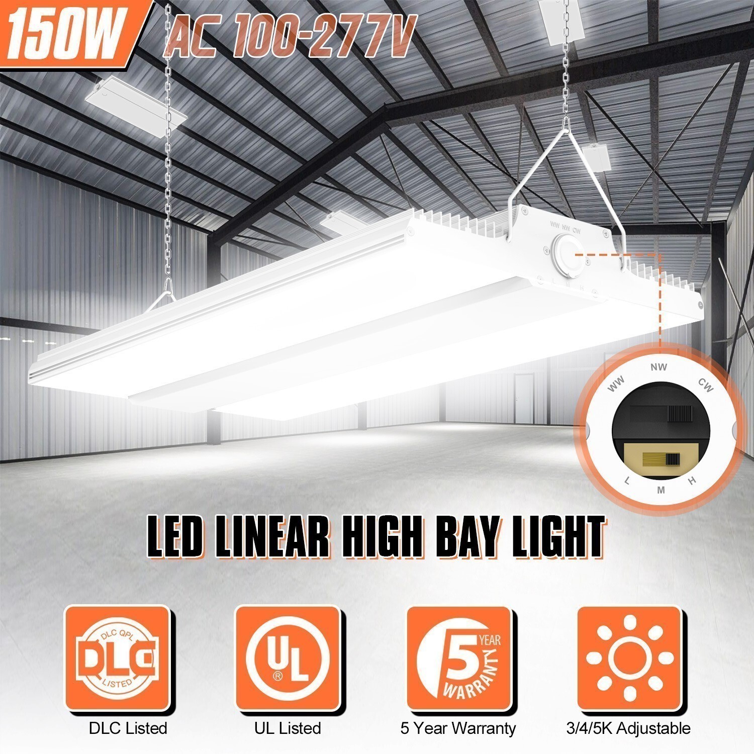 LED Linear High Bay Light 150W 3000K/4000K/5000K Adjustable Warehouse Lighting