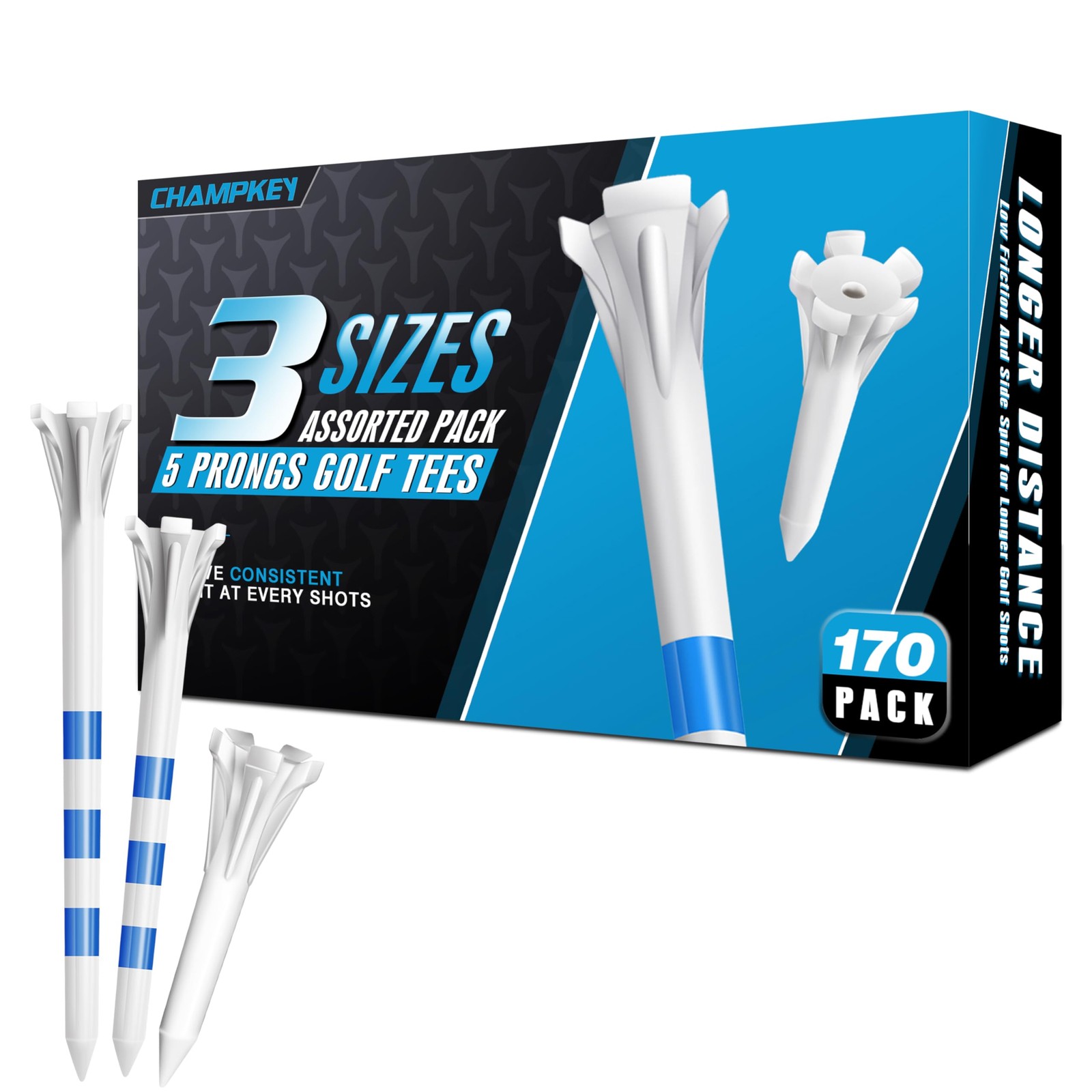 CHAMPKEY Professional 170 Pack 5-Prong Plastic Golf Tees 3 Sizes Assorted Pack -