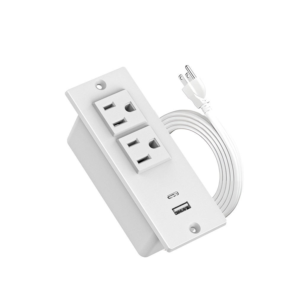 Mini Flush Mount Power Strip, 2 AC Outlets & USB-A USB-C Ports for home office