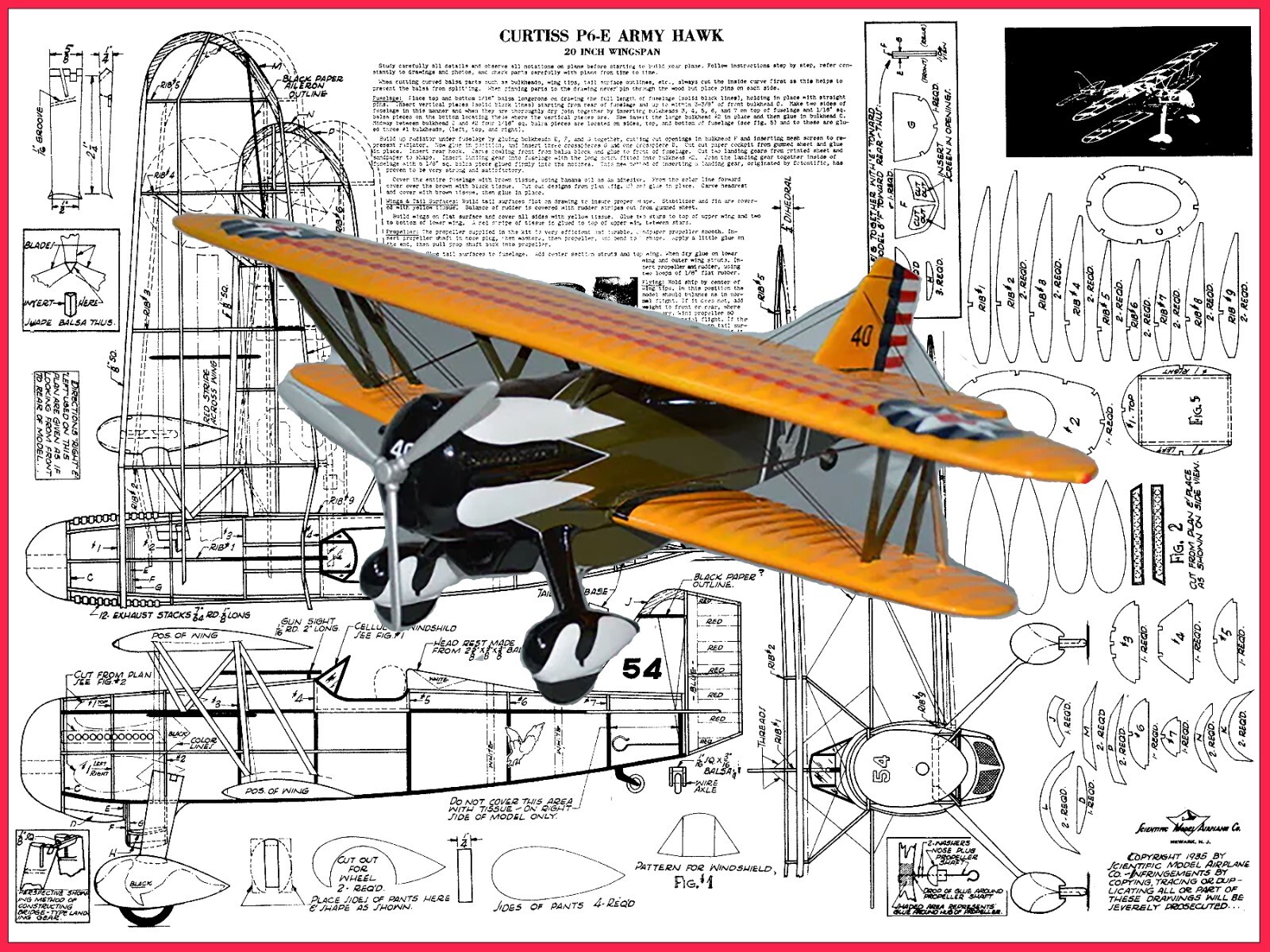 Scientific Model Airplane Plans (FF): Curtiss P-6E Hawk 20" Scale Rubber-Powered
