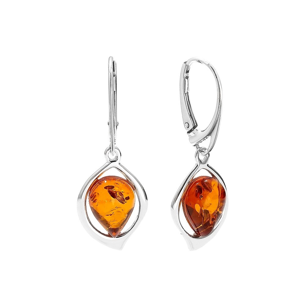 Handmade Sterling Silver Cognac Baltic Amber Marquise Drop Lever Back Earrings