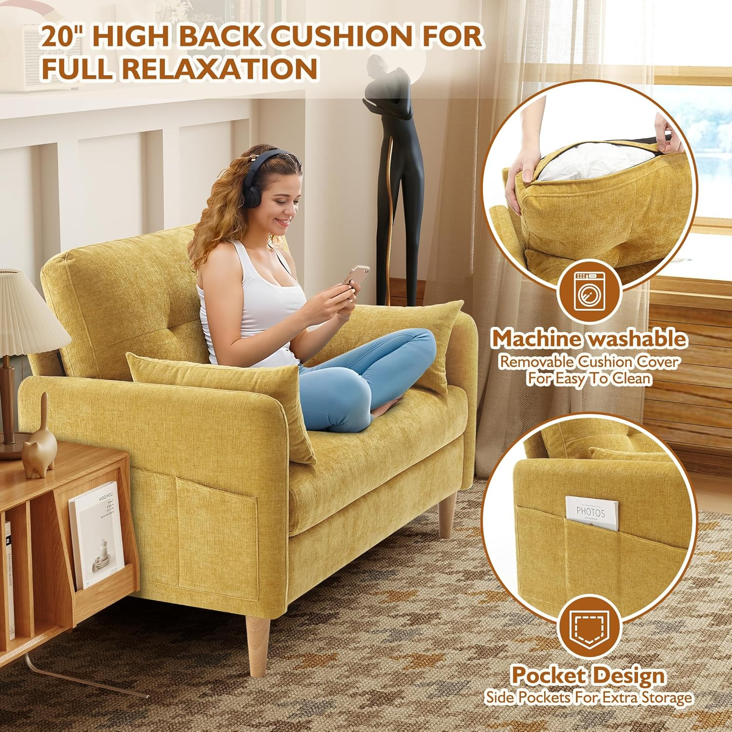 Urhanherry 47" Small Sofa Couch for Bedroom, Soft Chenille Loveseat Mini Couch w