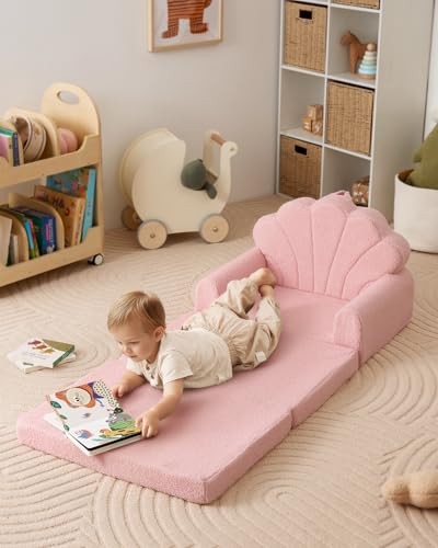 Kids Couch, 2-in-1 Soft Toddler Couch Fold Out, Toddler Chair Rosado Shell