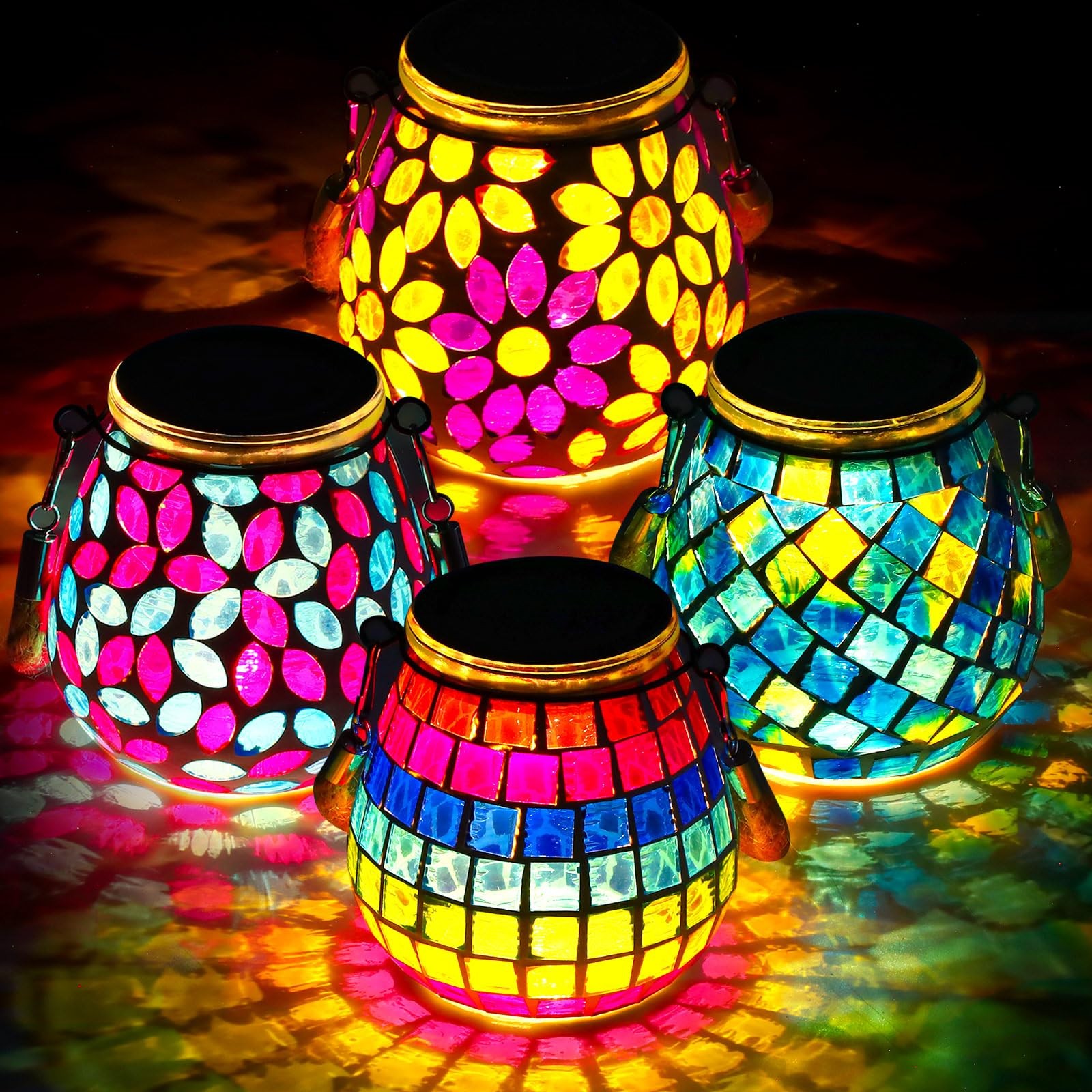 4 Pack Mosaic Solar Lights Outdoor Hanging Lanterns Waterproof Mosaic Lamp De...