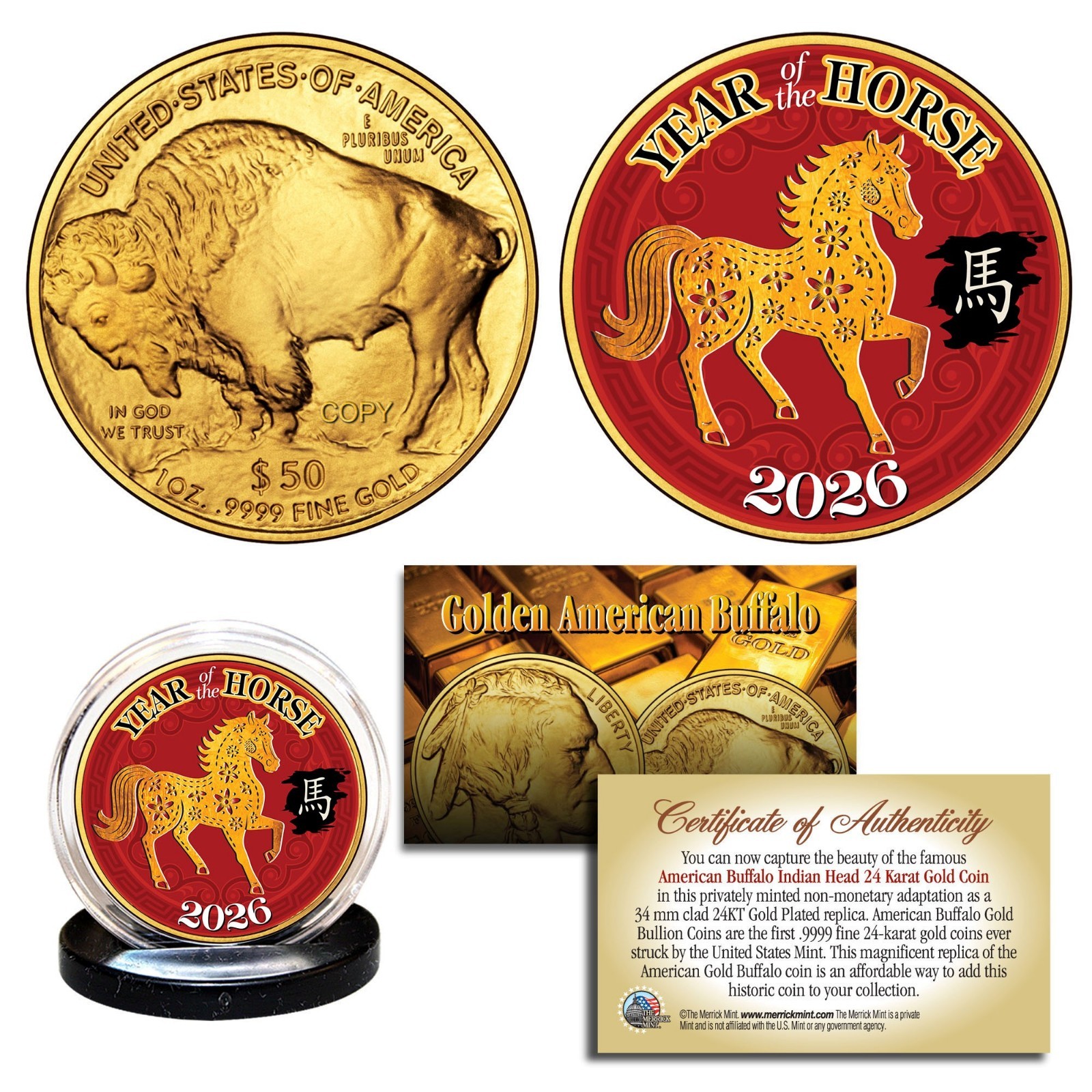 2026 Lunar New YEAR OF HORSE 24K Gold Clad $50 American Buffalo Tribute Coin