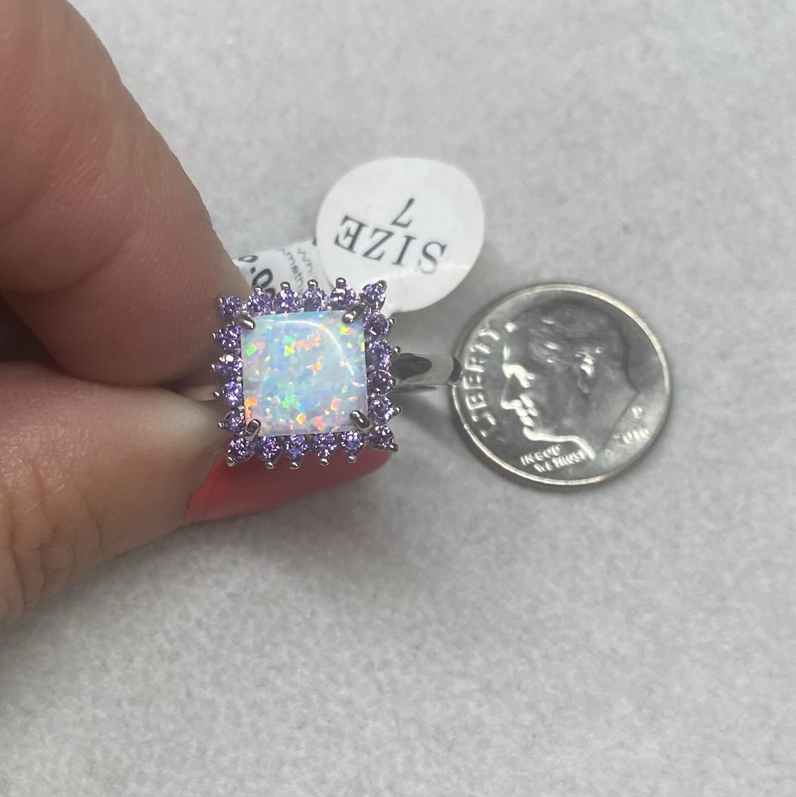 Sterling Silver Created Opal And Amethyst CZ Ring Rhodium Plated