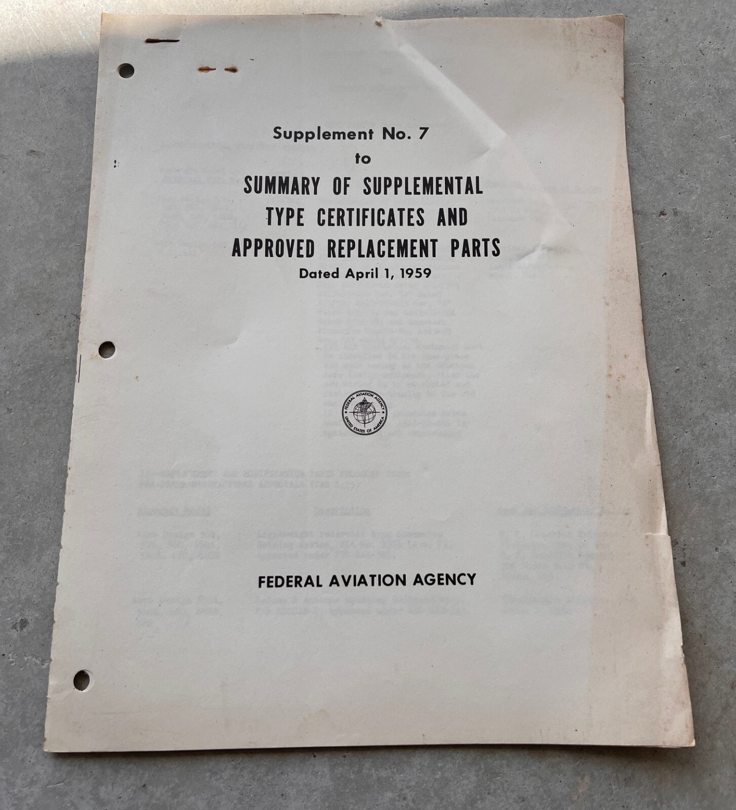 FAA Summary of Supplemental Type Certificates Replacement Parts No. 7 April 1959