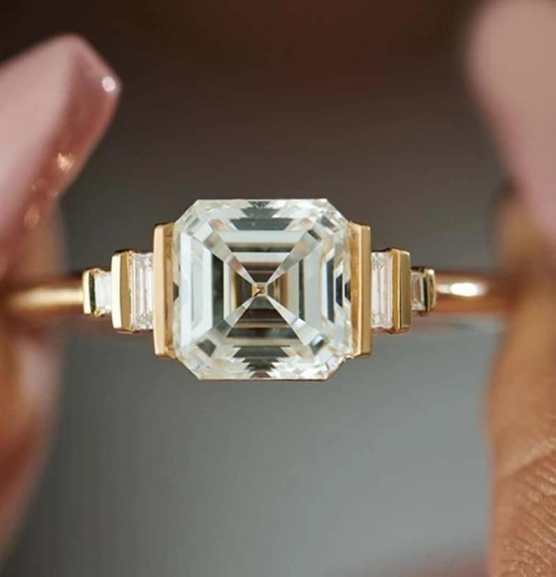 Elegant Asscher & Baguette Cut Moissanite Ring Delicate Engagement Half Bezel