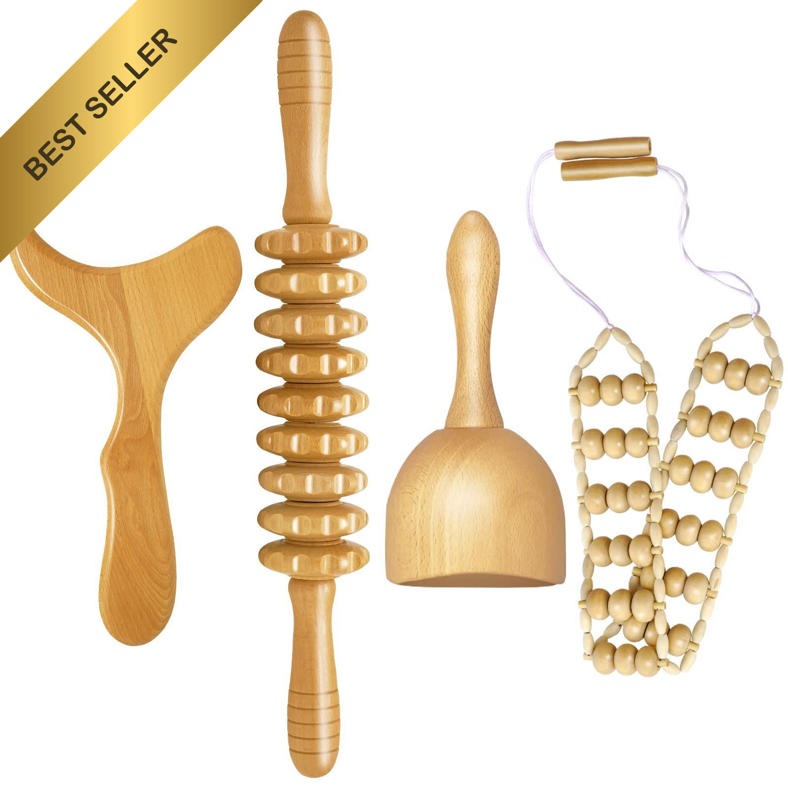 AICNLY 4-Piece Wood Therapy Massage Tools Maderoterapia Kit Anti-Cellulite Body
