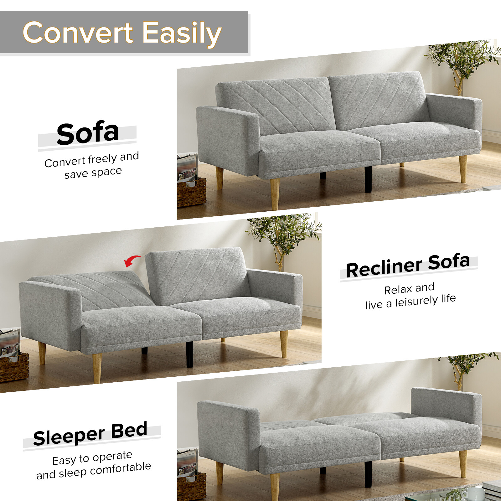 Multi-Functional Futon Sofa Single Bed Sleeper Convertible Couch Foldable Modern