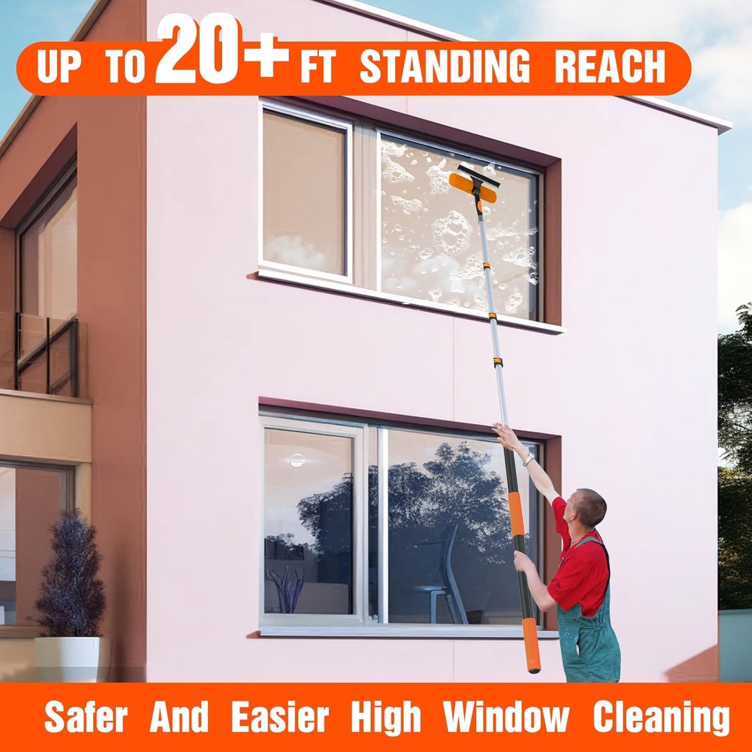 26FT Window Squeegee with Extension Pole, 2-in-1 Squeegee for Window Cleaning...