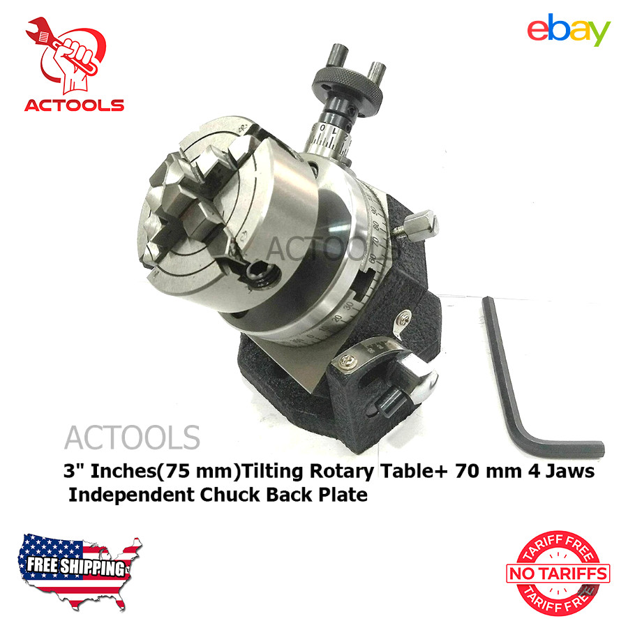 NEW 3" inch 75mm Tilting Rotary Table + 70mm 4 Jaws Independent Chuck Back Plate