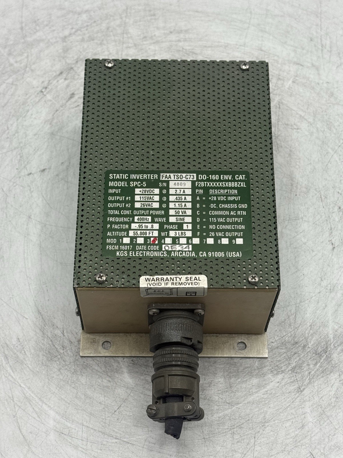 KGS Electronics SPC-5 Static Inverter 28VDC to 115VAC / 26VAC READ