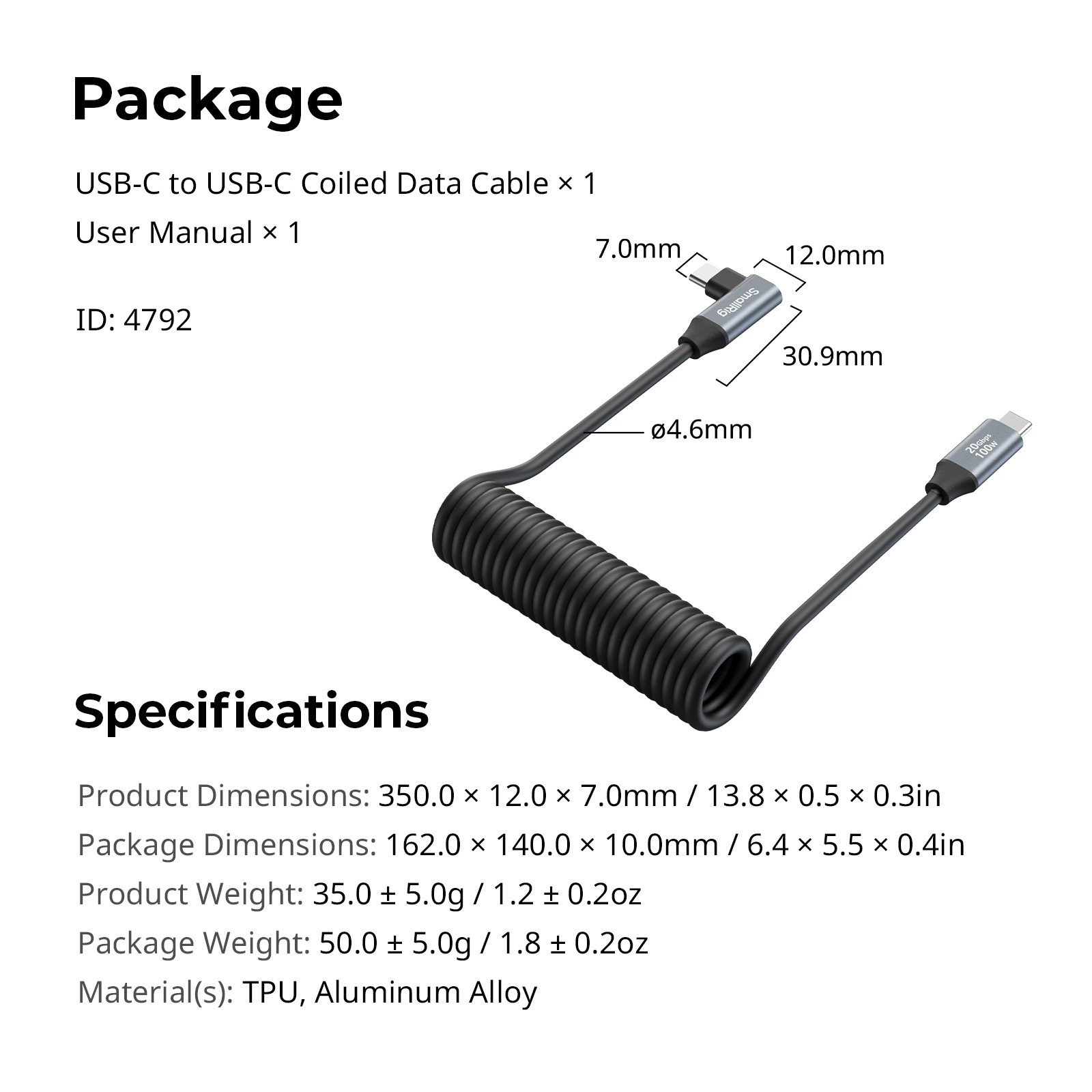 SmallRig USB C Coiled Data Cable,20Gbps Data Transfer, PD 100W Fast Charging