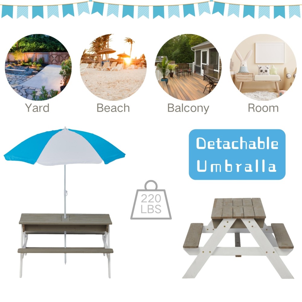Kids Sand & Water Activity Table with Umbrella, Convertible Picnic Table