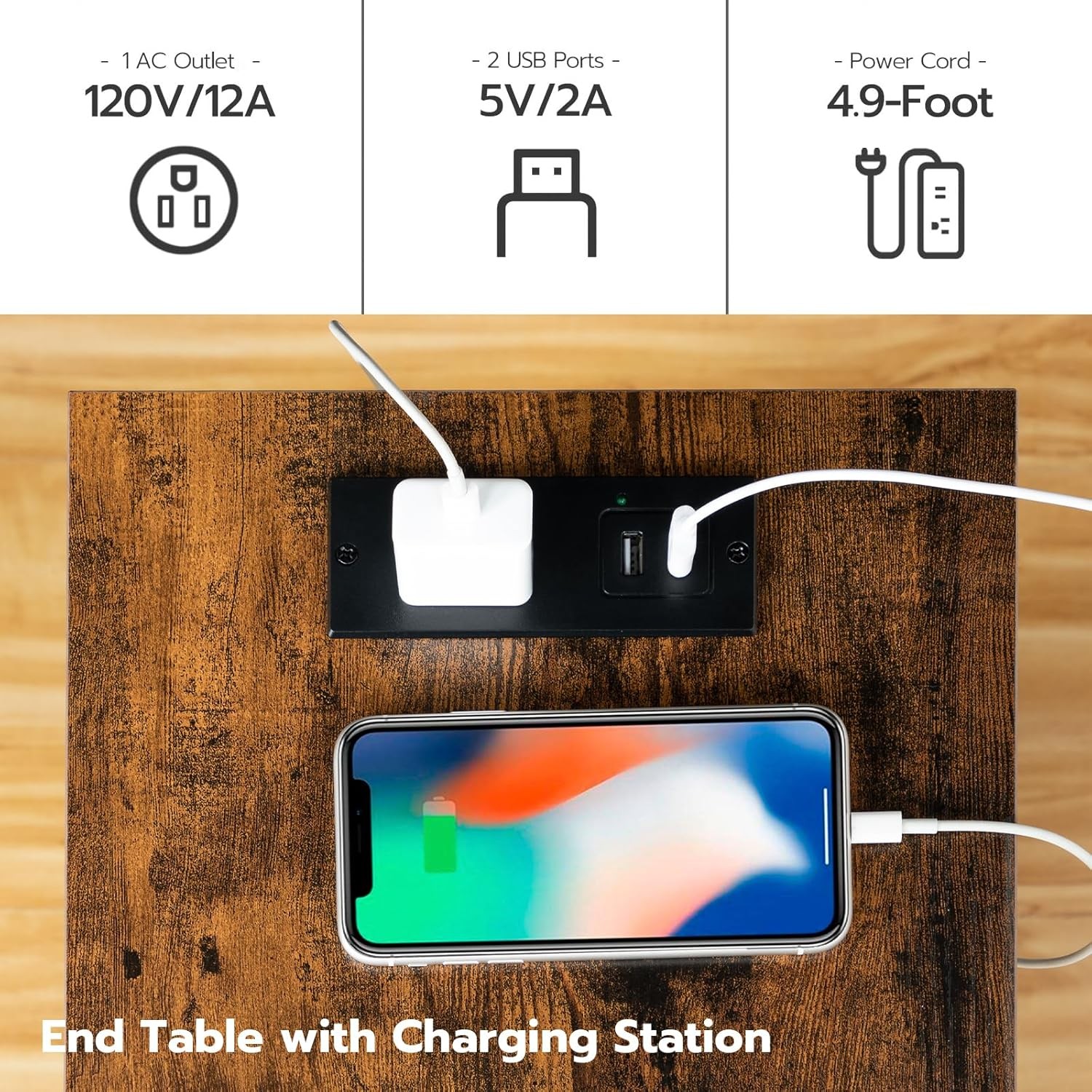 HOOBRO Side Table with Charging Station, End Rustic Brown + Black