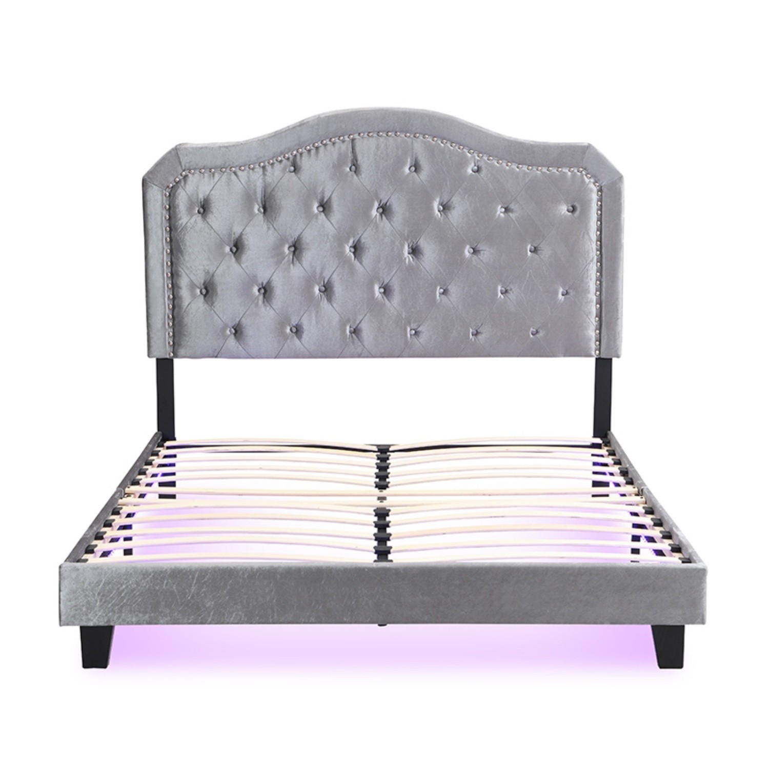 Queen Size Bed Frame Upholstered Platform Bed with LED Lights Black/Light Gray