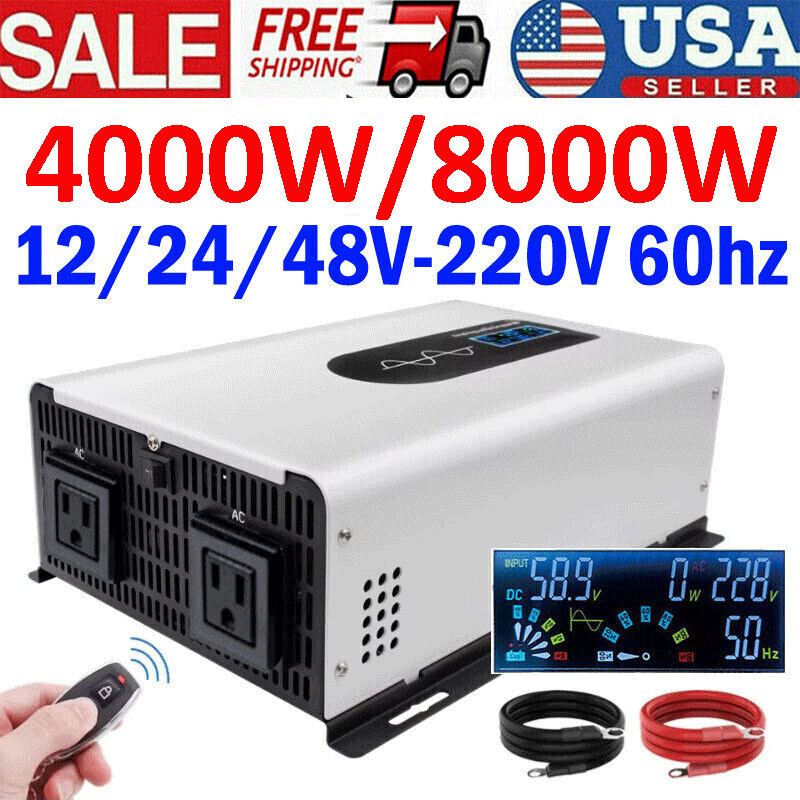 Pure Sine Wave Power Inverter 4000W 8000W Solar Off Grid 12V 24V to 220V Remote