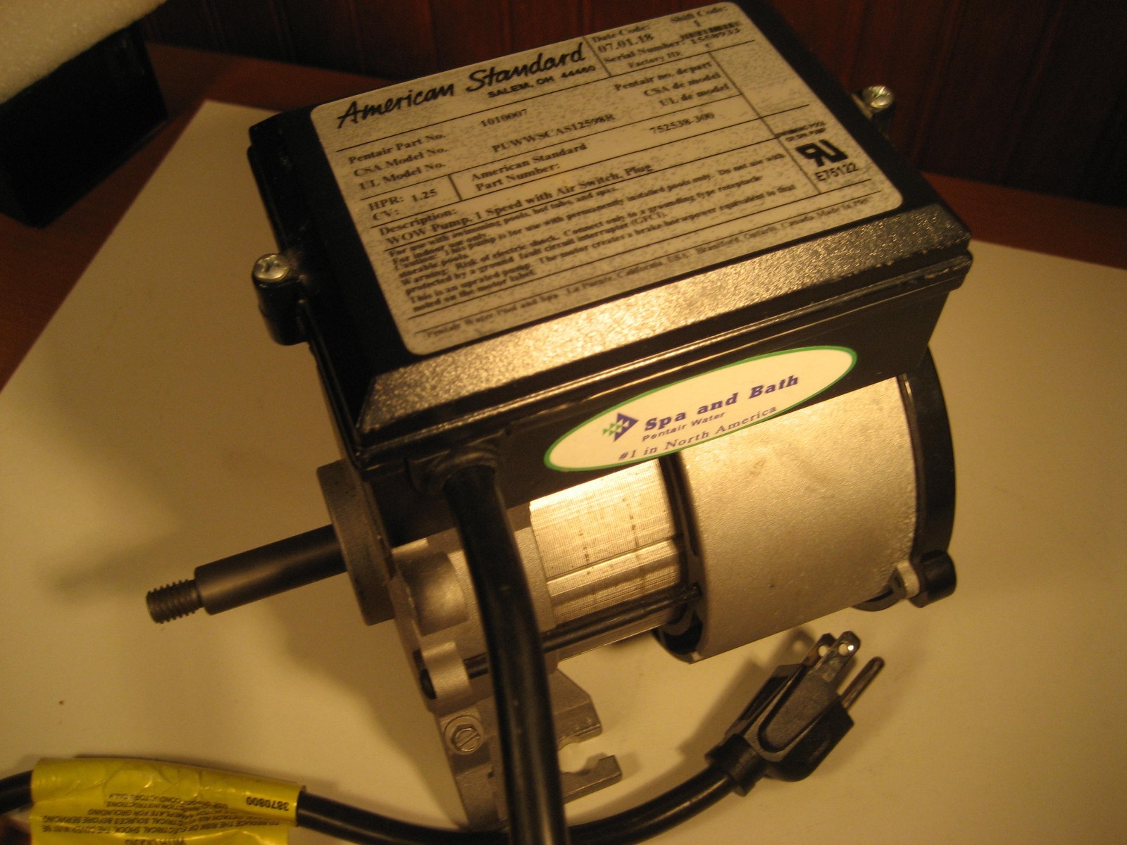 American Standard 752538-300 Pentair 1010007 One Speed MOTOR ONLY for Spa Pump